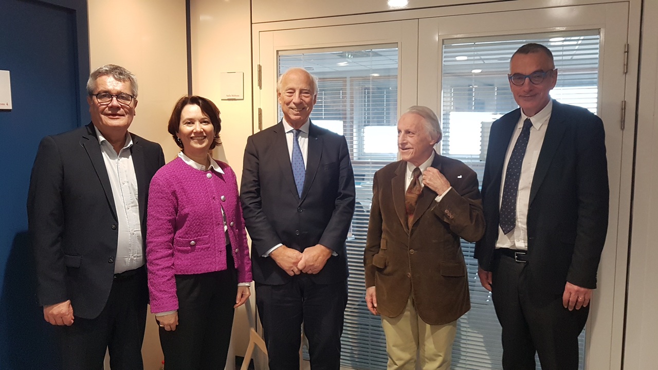 Visite d'Etienne Giros et Sandrine Sorieul (Cian) à la Ferdi, 11 février 2025. De g. à d. : P. Messeant, S. Sorieul, E. Giros , P. Guillaumont, B. Cabrillac